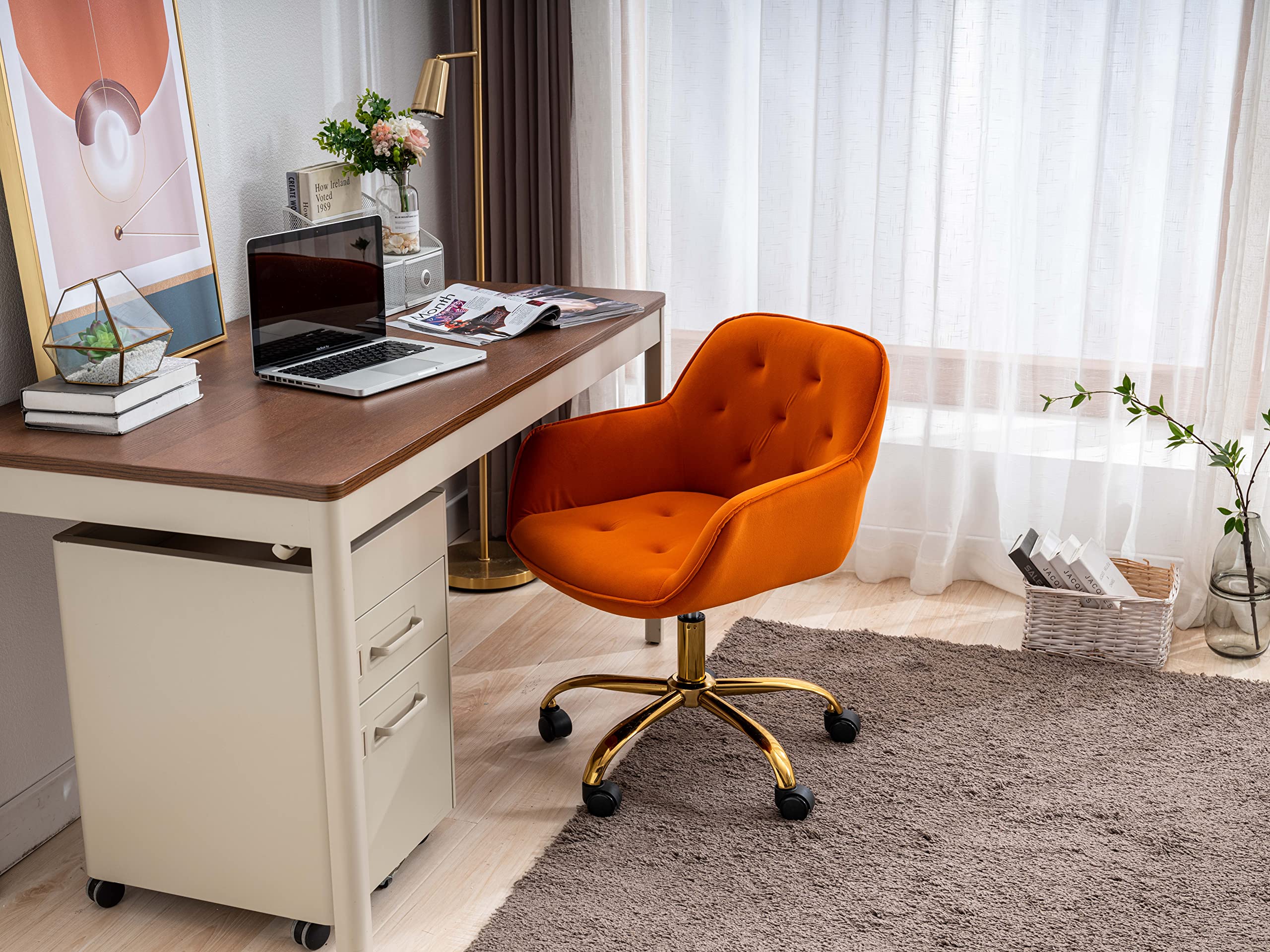 ZOBIDO Comfy Home Office Task Chair with Wheels, Cute Modern Upholstered Velvet Back Adjustable Swivel Vanity Desk Chair, for Women,for Girls, Living Room, Bedroom(Dark Orange)