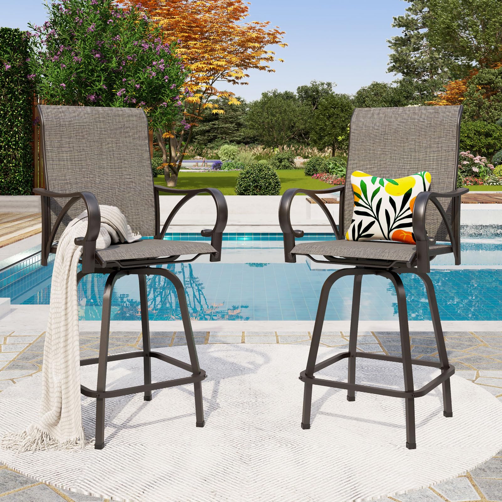 PHI VILLA Outdoor Swivel Bar Stools Set of 4, High Top Patio Bar Stools & Chairs with Armrest & Textilene Fabric for Outside, Grey