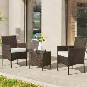 Lavish Home 80-OUTD-WK-CUSHCHTBL (Brown) Outdoor Patio Set – 3-Piece Rattan Seating Combo with 2 Cushioned Chairs and Table for Deck or Front Porch Furniture