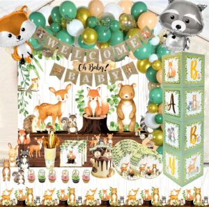 mega 257 pc woodland baby shower decorations boy & girl kit, forest animal theme, gender neutral baby shower decor, baby boxes, backdrop, banner, balloon garland, tablecloth, plates cups -20 guests