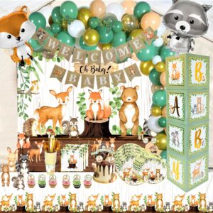 MEGA 257 Pc Woodland Baby Shower Decorations Boy & Girl Kit, Forest Animal Theme, Gender Neutral Baby Shower Decor, BABY boxes, Backdrop, Banner, Balloon Garland, Tablecloth, Plates Cups -20 Guests