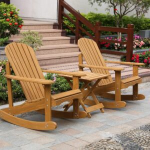 LuxenHome Rocking Chair Outdoor, Rocking Adirondack Chair, Canadian Hemlock Wood Adirondack Chairs, Patio Outdoor Rocking Chairs, Lounge Chairs for Outside, Brown Finish Lawn Chairs