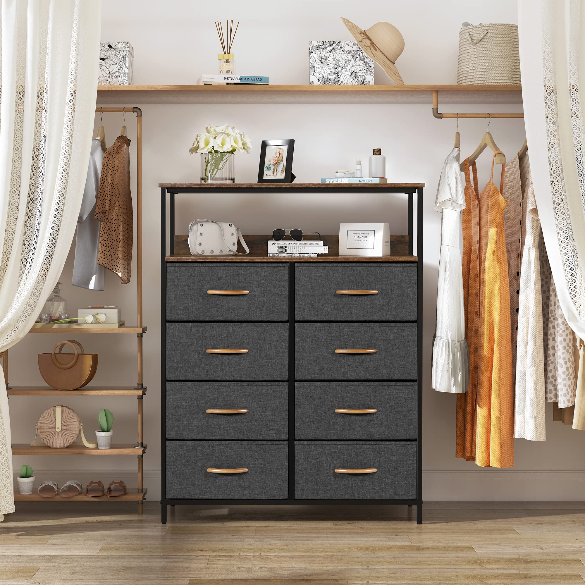 LYNCOHOME Dresser for Bedroom with Shelves, Chest of Drawers for Bedroom, Closet, Clothes, Bureau, Sturdy Steel Frame, Wood Top, Removable Fabric Drawers (Charcoal)