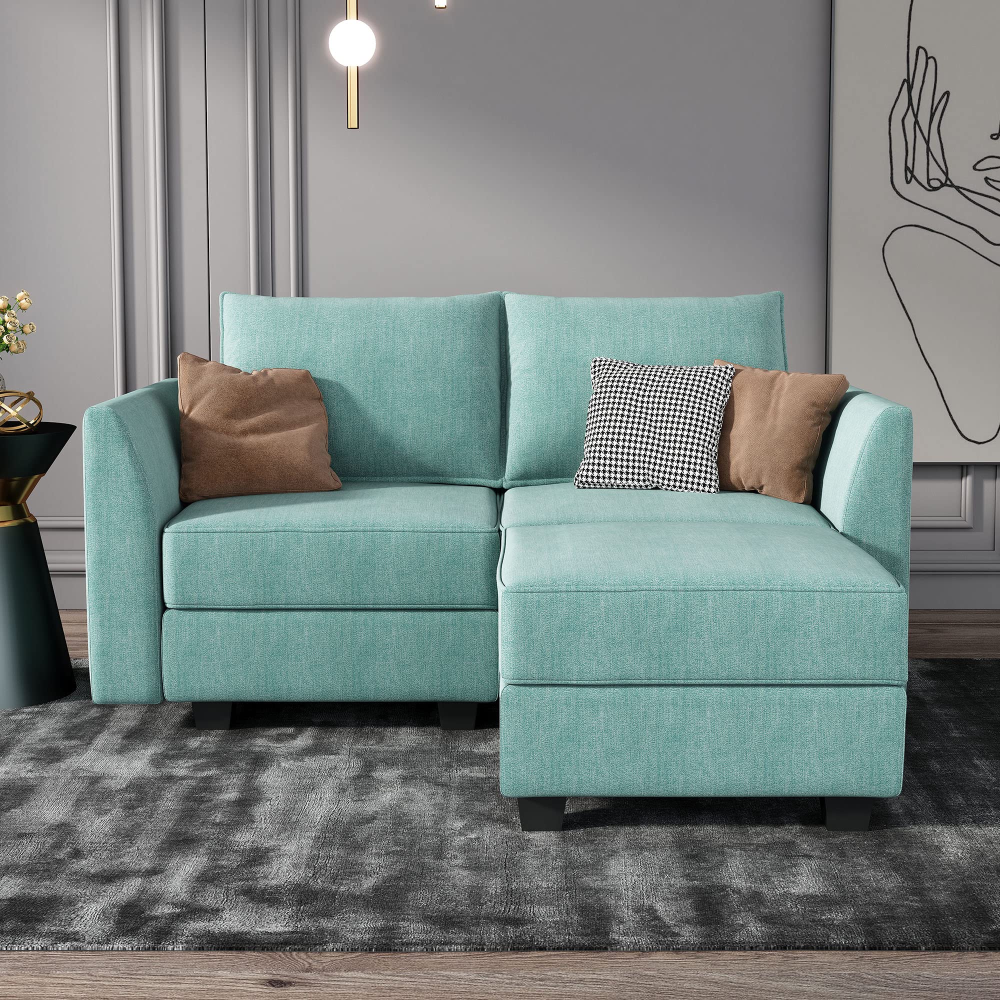 HONBAY Modular Sectional Sofa 2 Seater Couch with Chaise L Shaped Modular Sofa for Small Apartment, Aqua Blue