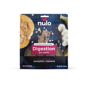 nulo functional granola bars, healthy dog treats, oven baked, made with prebiotics and probiotics, contains no added salt, sugar, or molasses, 10 ounce bag