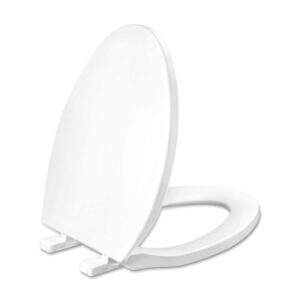 toilet seat elongated with slow close hinges, four bumpers never loosen and easily remove, two sets of parts, plastic, white