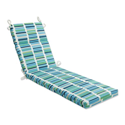 Pillow Perfect Stripe Indoor/Outdoor Split Back Chaise Lounge Cushion with Ties Plush Fiber Fill, Weather, and Fade Resistant, 72.5" x 21", Blue/Green Solar