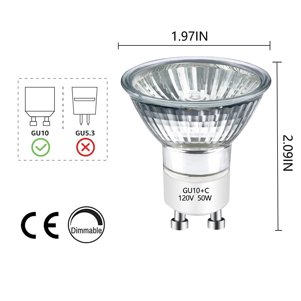 AHEVO GU10 50W Halogen Light Bulbs, 50W 120V MR16 gu10+c Halogen Spotlight Bulbs, Warm White 2700K for Track Lighting, Recessed Lighting and Range Hood Light Bulbs(6 Packs)