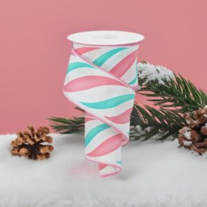 Craig Bachman Pink, White and Ice Blue Swirl Candy Stripe Wired Edge Ribbon 2.5" x10 Yards - Holiday Decorating Gingerbread Christmas Crafting Ribbon