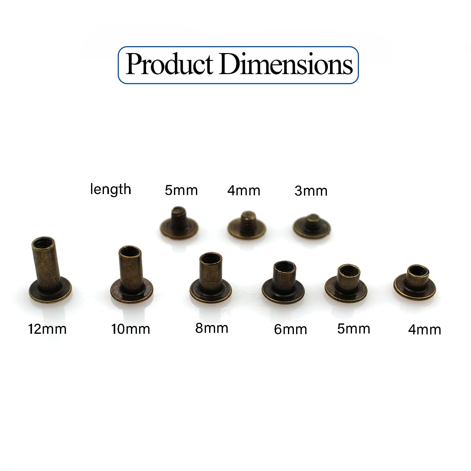 90 Sets Bronze Chicago Screws Leather Assorted Kit ，6 Sizes of Screw Rivets for Leather Rivet for DIY Leather Craft and Bookbinding (M5 X 4, 5, 6, 8, 10, 12)