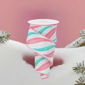 Craig Bachman Pink, White and Ice Blue Swirl Candy Stripe Wired Edge Ribbon 2.5" x10 Yards - Holiday Decorating Gingerbread Christmas Crafting Ribbon