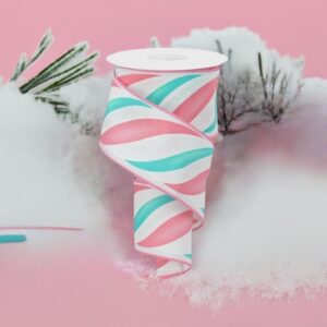 Craig Bachman Pink, White and Ice Blue Swirl Candy Stripe Wired Edge Ribbon 2.5" x10 Yards - Holiday Decorating Gingerbread Christmas Crafting Ribbon