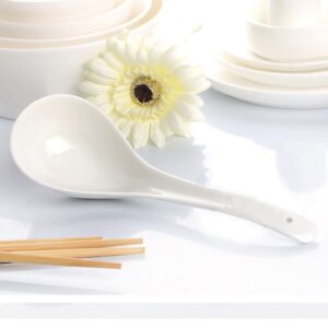 Big Porcelain Porridge Spoon Bone Chinese Large Spoons White Ceramic Japanese Deep Flatware Soup Spoons Long Handled (bright white 2 pack)