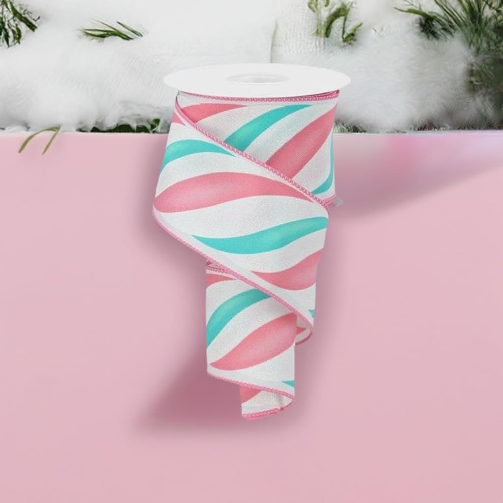 Craig Bachman Pink, White and Ice Blue Swirl Candy Stripe Wired Edge Ribbon 2.5" x10 Yards - Holiday Decorating Gingerbread Christmas Crafting Ribbon