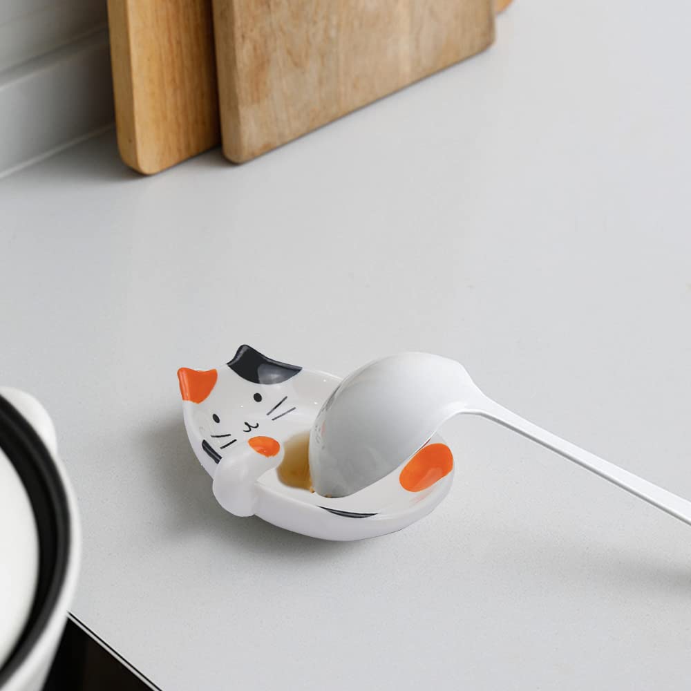 Cat Spoon Rest, Ceramic Cute Spoon Holder Rest for Stove Top, Cat Kitchen Accessories, Stove Holder Utensil Spoon Rest for Kitchen Counter (Orange)