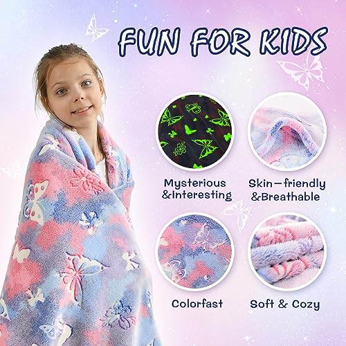 SOCHOW Butterfly Glow in The Dark Blanket for Daughters, Toys for 3-10 Year Old Birthday Presents, Soft Cozy Flannel Throw Blanket for Preteens Teens, Purple 50 x 60 Inches