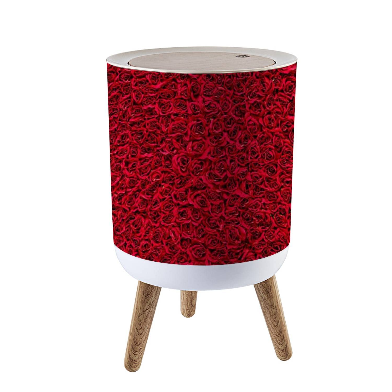 CAKOJV188 Round Trash Can with Press Lid Red Roses Small Garbage Can Trash Bin Dog-Proof Trash Can Wooden Legs Waste Bin Wastebasket 7L/1.8 Gallon