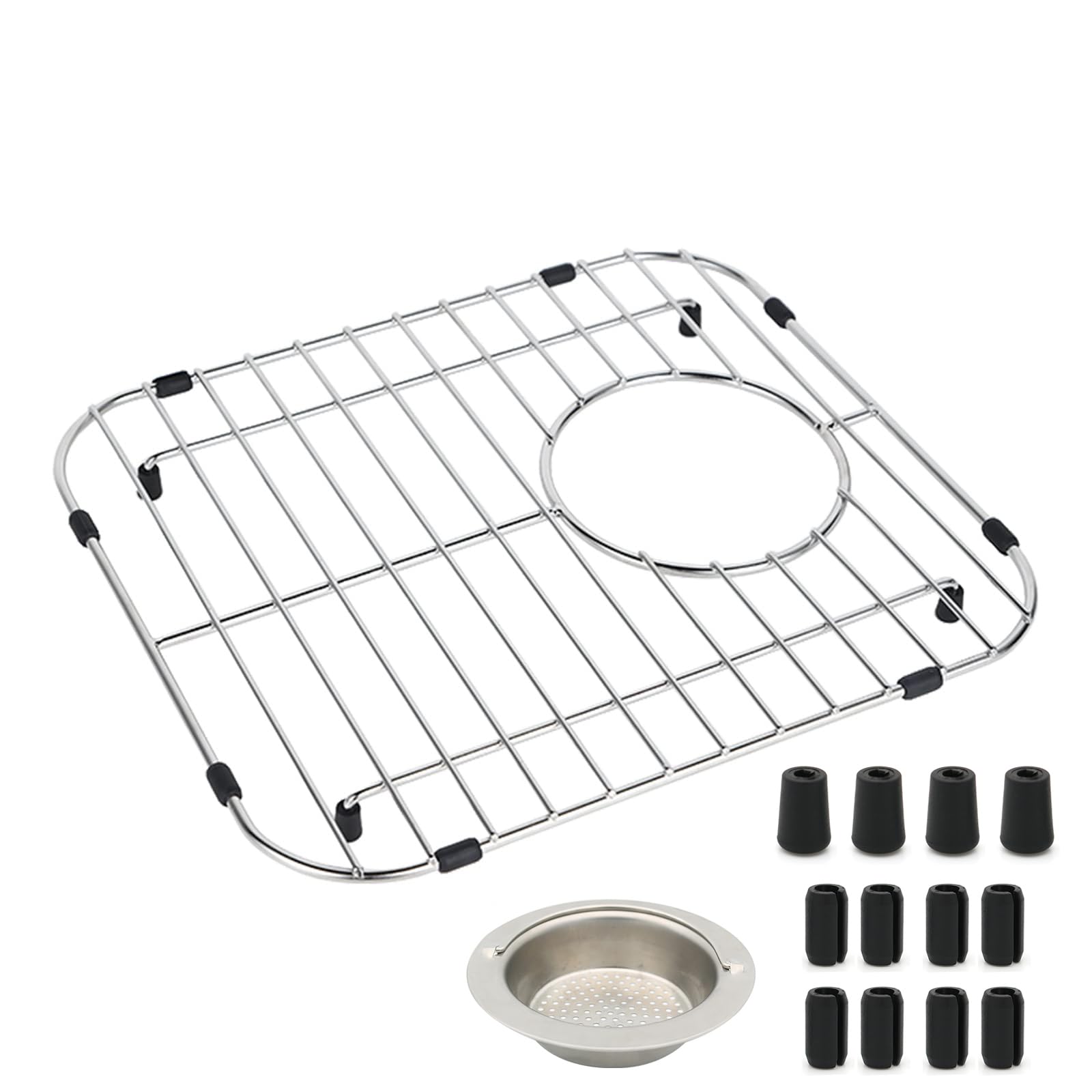 Kitchen Sink Grid, 11-3/4" x 13-1/4" Sink Protectors for Kitchen Sink with Rear Drain, Sink Rack for Bottom of Sink, 304 Stainless Steel Sink Rack with Strainer