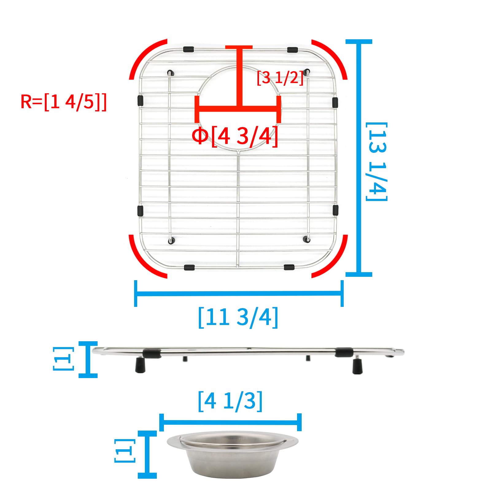 Kitchen Sink Grid, 11-3/4" x 13-1/4" Sink Protectors for Kitchen Sink with Rear Drain, Sink Rack for Bottom of Sink, 304 Stainless Steel Sink Rack with Strainer