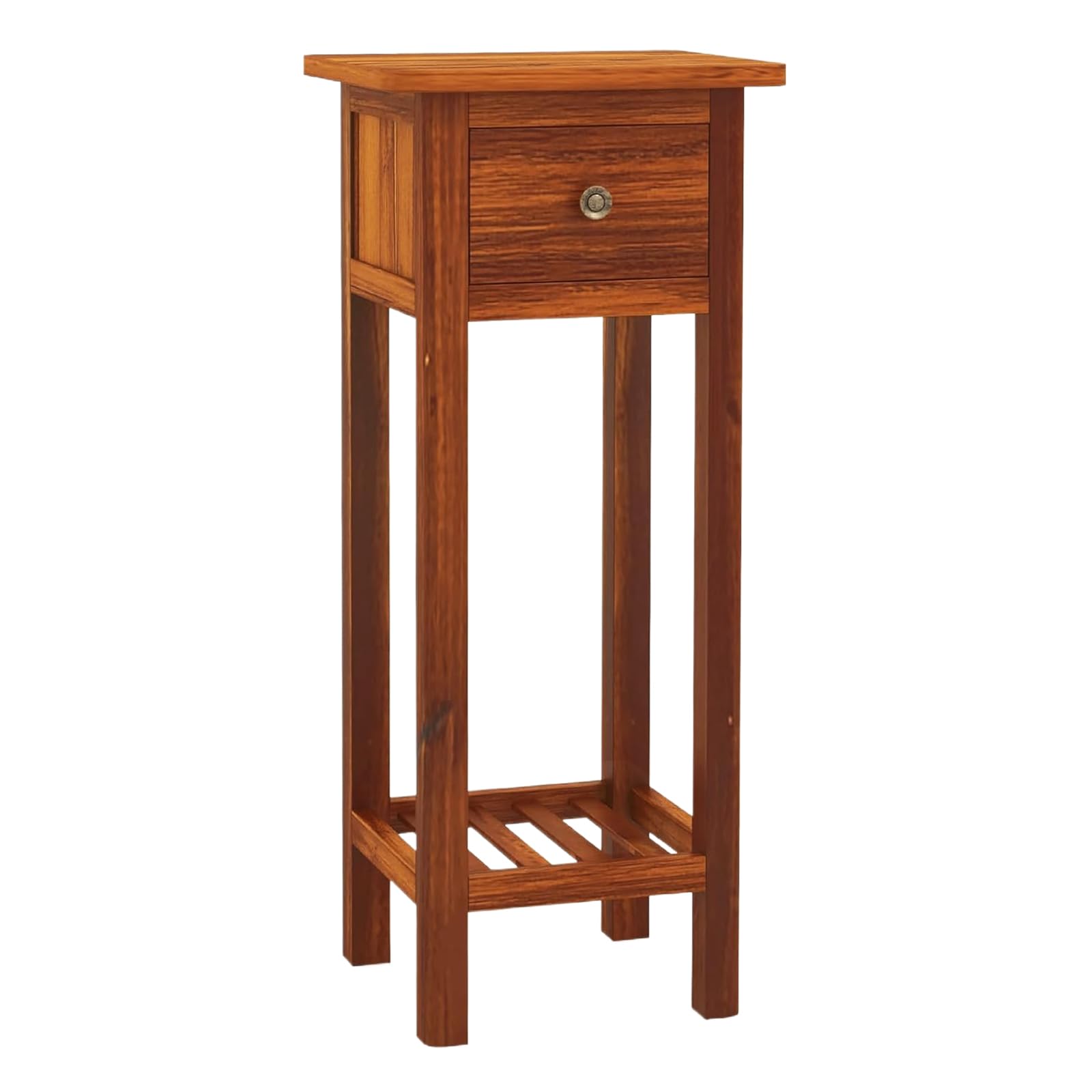 Giantex Tall End Table, Narrow Side Table with Drawer and Shelf, Acacia Wood Nightstand for Living Room, 2-Tier Bedside Table for Small Space, No Assembly, Rustic Brown