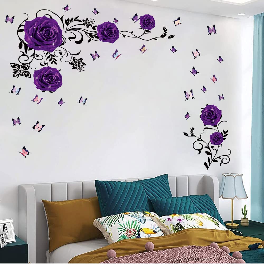 Supzone Purple Rose Wall Stickers Rose Flower Vine Wall Decal Purple Peony Floral Wall Decor DIY Vinyl Mural Art for Bedroom Living Room Sofa Backdrop TV Wall Decoration