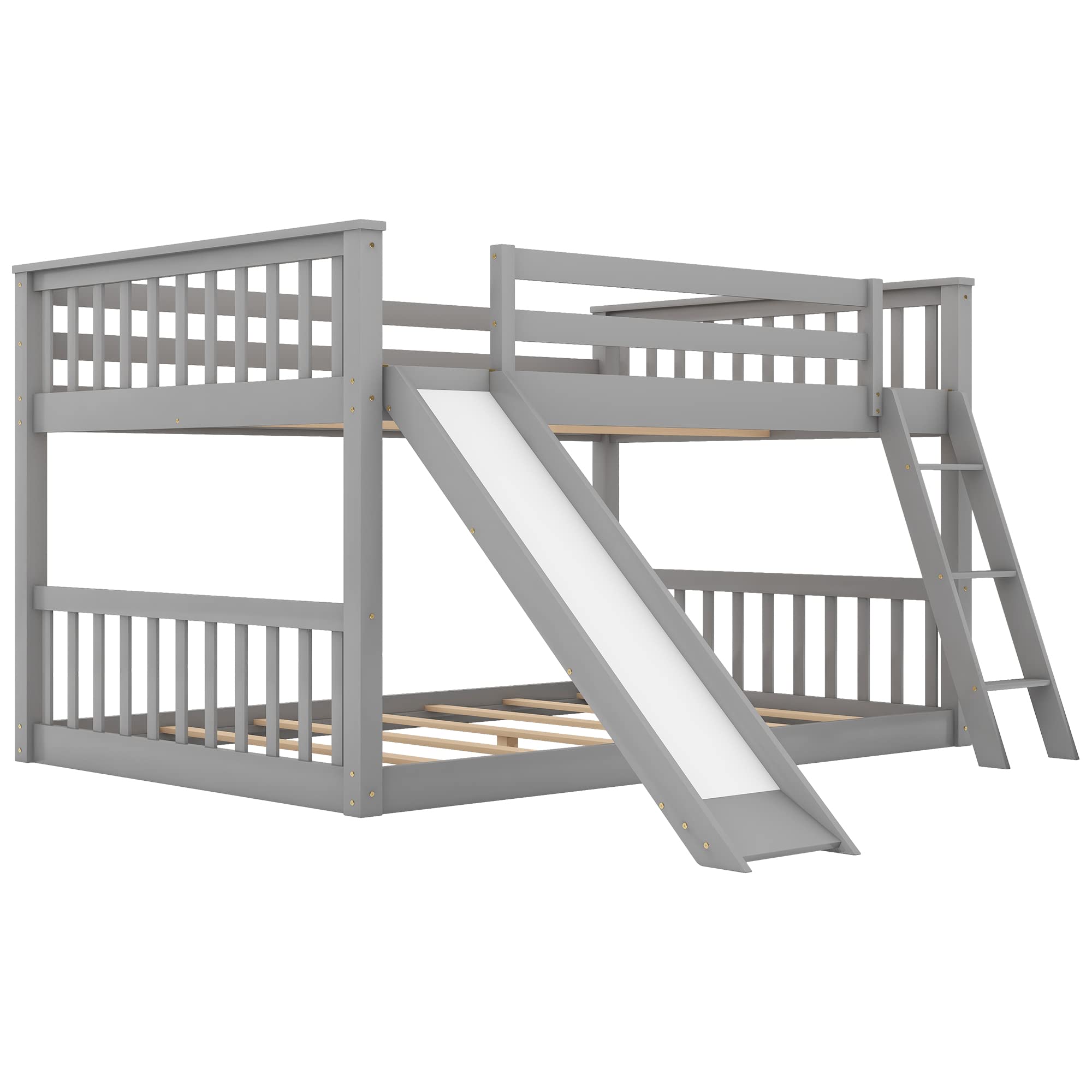 Harper & Bright Designs Full over Full Bunk Bed with Slide and Ladder, Wooden Low Bunk Bed, Kids Floor Bunk Bed Frame - Gray