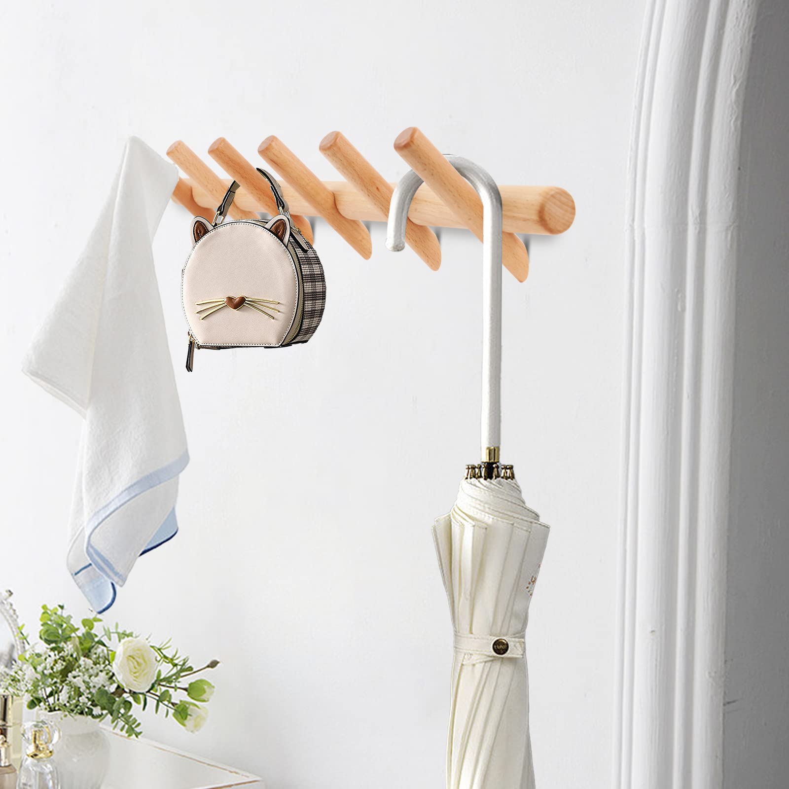 KYSMOTIC Modern Wood Coat and Hat Rack - Wall Mounted - 6 Peg Hooks - Stylish, Natural, Smooth