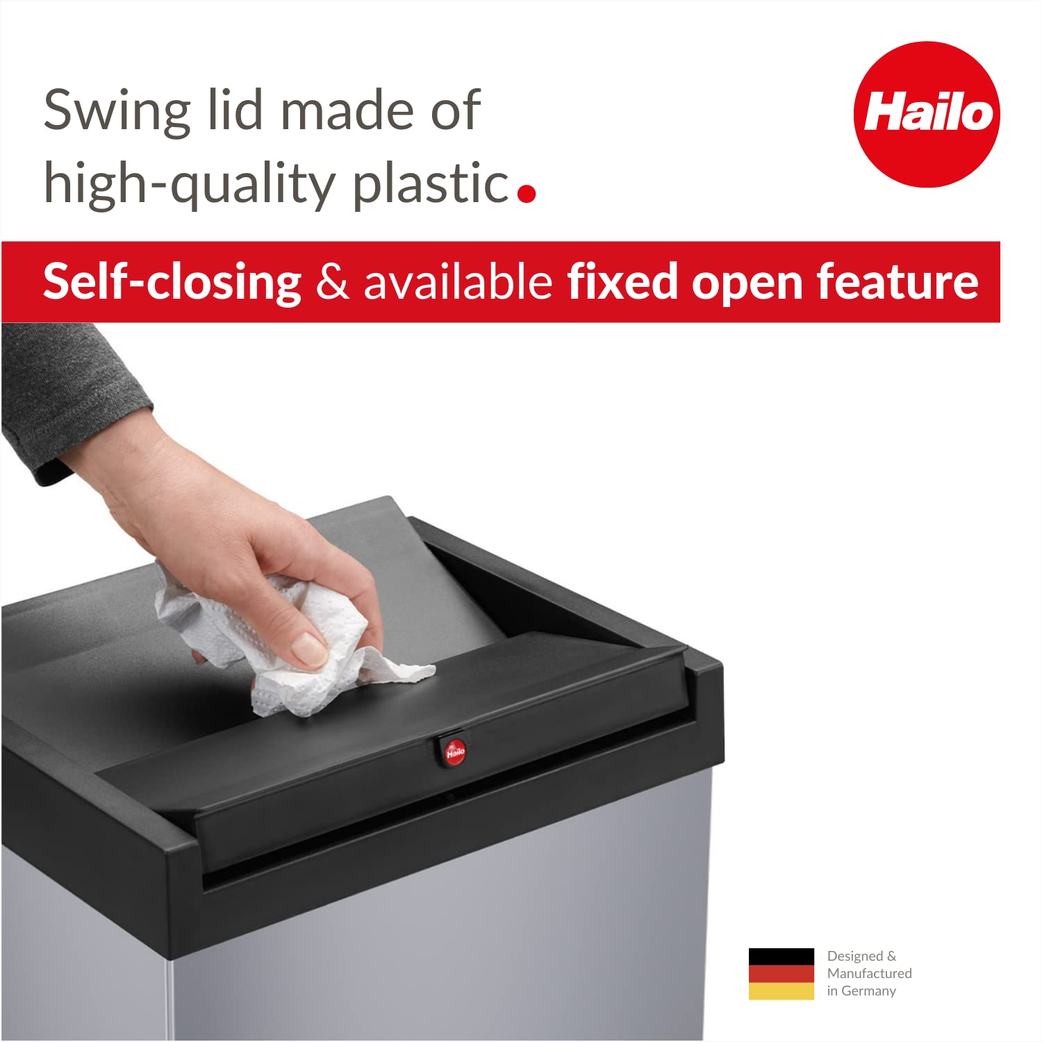 Hailo Big-Box Swing XL waste bin | 1 x 52 liters / 13.7 gallons | Self-closing swing lid | Stainless steel | Bin liner clamping frame | Waste bin kitchen rectangular | Made in Germany |Silver 0860-221