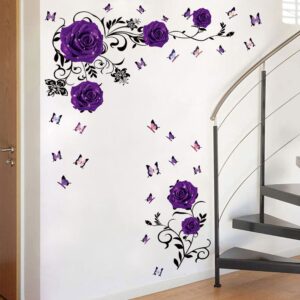 Supzone Purple Rose Wall Stickers Rose Flower Vine Wall Decal Purple Peony Floral Wall Decor DIY Vinyl Mural Art for Bedroom Living Room Sofa Backdrop TV Wall Decoration