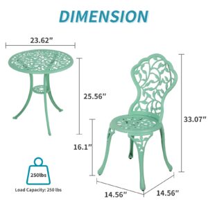 Verano Garden 3 Piece Outdoor Bistro Set, Rust-Resistant Cast Aluminum Patio Bistro Set Antique Finish, Weather Resistant Patio Table and Chairs, Outdoor/Indoor Use, Teal