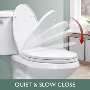 Toilet seat Elongated with Slow Close Hinges, Four Bumpers Never Loosen and Easily Remove, Two Sets of Parts, Plastic, White