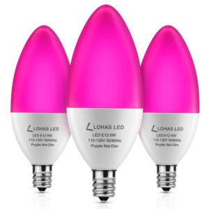 lohas purple candelabra light bulbs e12, 6w purple led bulb 60 watt equivalent, b10 chandelier candle bulbs, type b ceiling fan bulbs, non-dimmable, christmas decoration for home, 3 pack