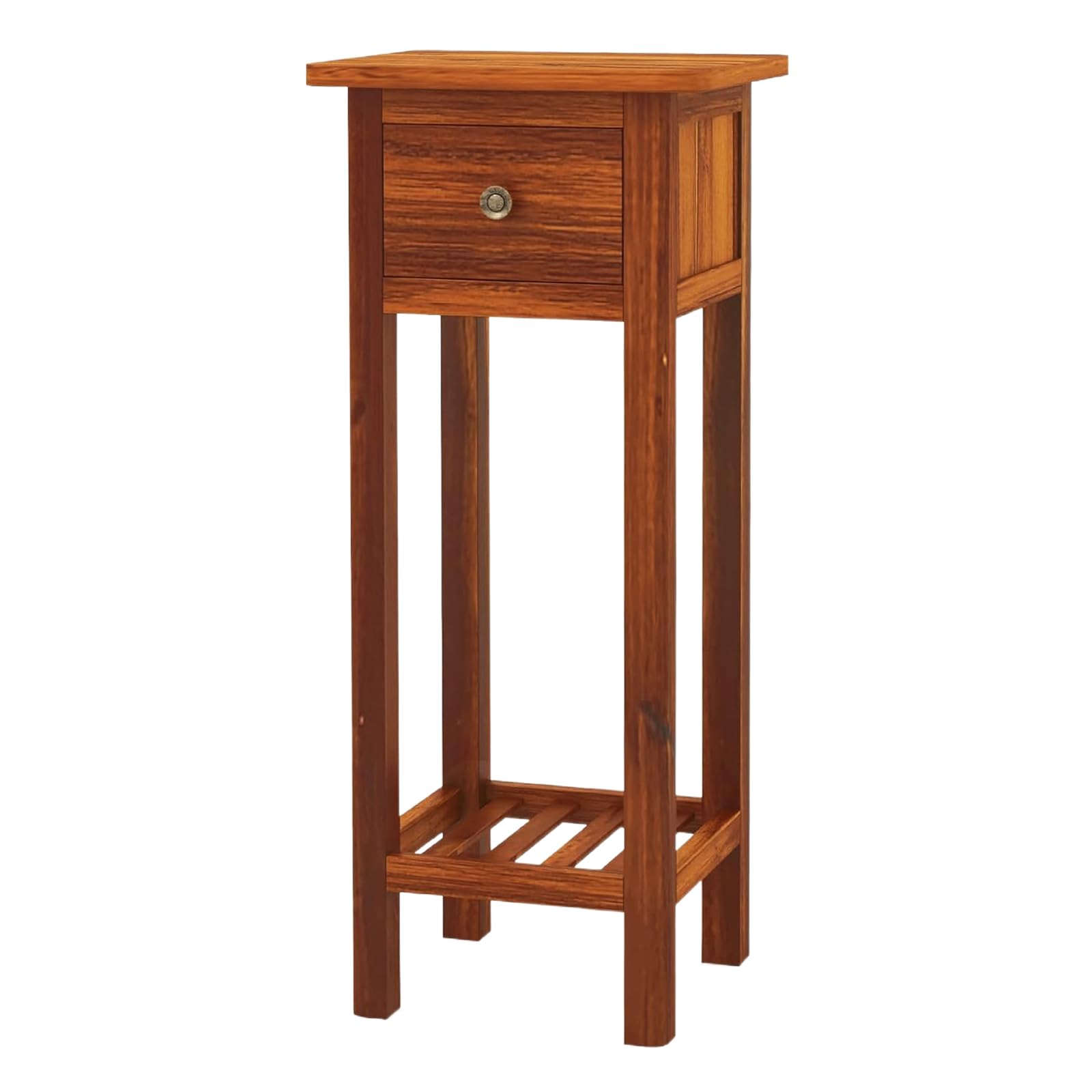 Giantex Tall End Table, Narrow Side Table with Drawer and Shelf, Acacia Wood Nightstand for Living Room, 2-Tier Bedside Table for Small Space, No Assembly, Rustic Brown