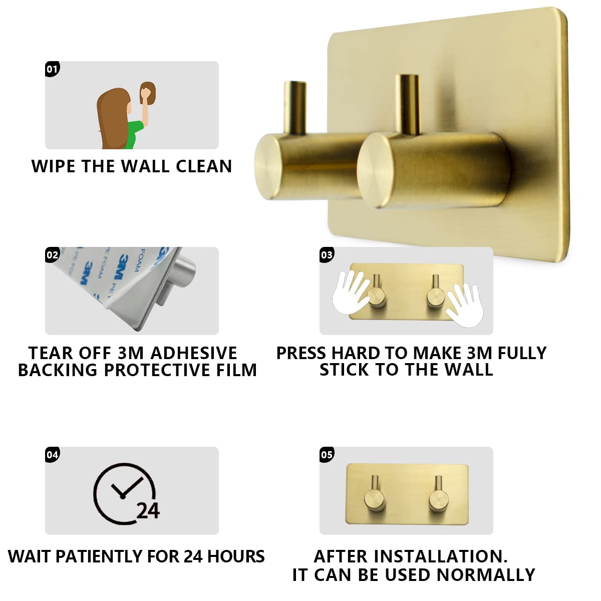 SANATO Wall Hooks Self Adhesive for Hanging, Wall Hanger 2 Hooks Coat Hooks Heavy Duty and Waterproof(Gold, 2 Pack)