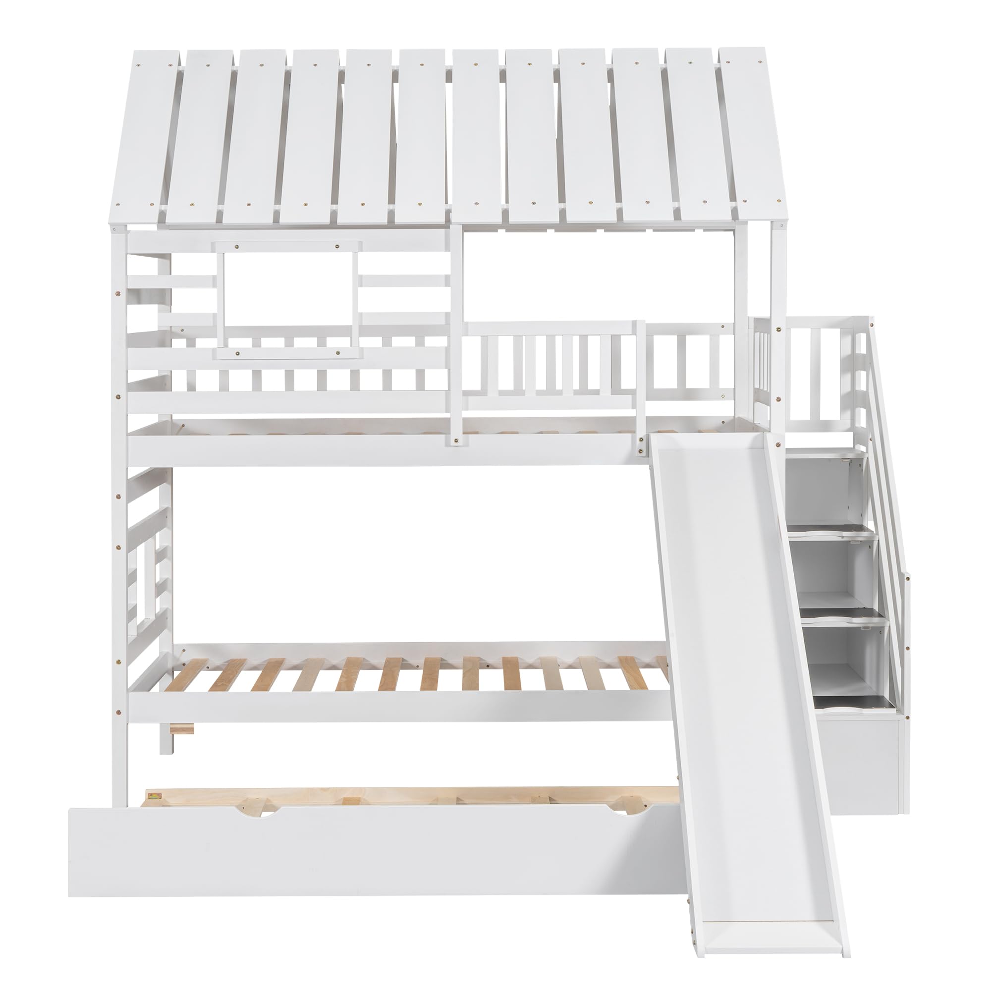 MERITLINE Twin Over Twin Bunk Bed with Stairs and Storage, Kids House Bunk Bed with Slide,Twin Bunk Bed with Trundle for Girls Boys, White