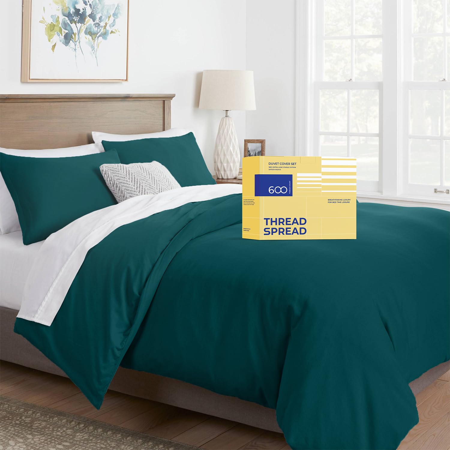 THREAD SPREAD King/California King Duvet Cover, 600 Thread Count Sateen 3Pc Egyptian Cotton Duvet Cover Set, 100% Pure Cotton Comforter Cover, 2 Pillow Shams, Zipper Closure, 7 Corner Ties -(Teal)