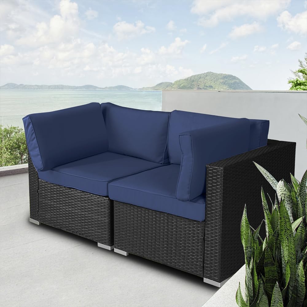 Excited Work Blue 2 Pieces Patio Furniture Sets,Loveseats Patio Sectional Corner Sofa All Weather Wicker Rattan Outdoor Thick Couch Set — Waterproof, Durable,Soft,Ergonomics