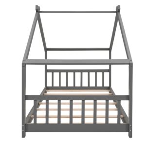 Twin Size House Bed for Kids, Wood Floor Bed Frame with Headboard and Footrest for Girls Boys, Slatted Support, No Spring Box Required (Gray-Twin-House Bed)