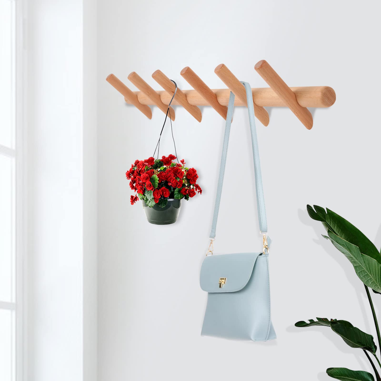 KYSMOTIC Modern Wood Coat and Hat Rack - Wall Mounted - 6 Peg Hooks - Stylish, Natural, Smooth