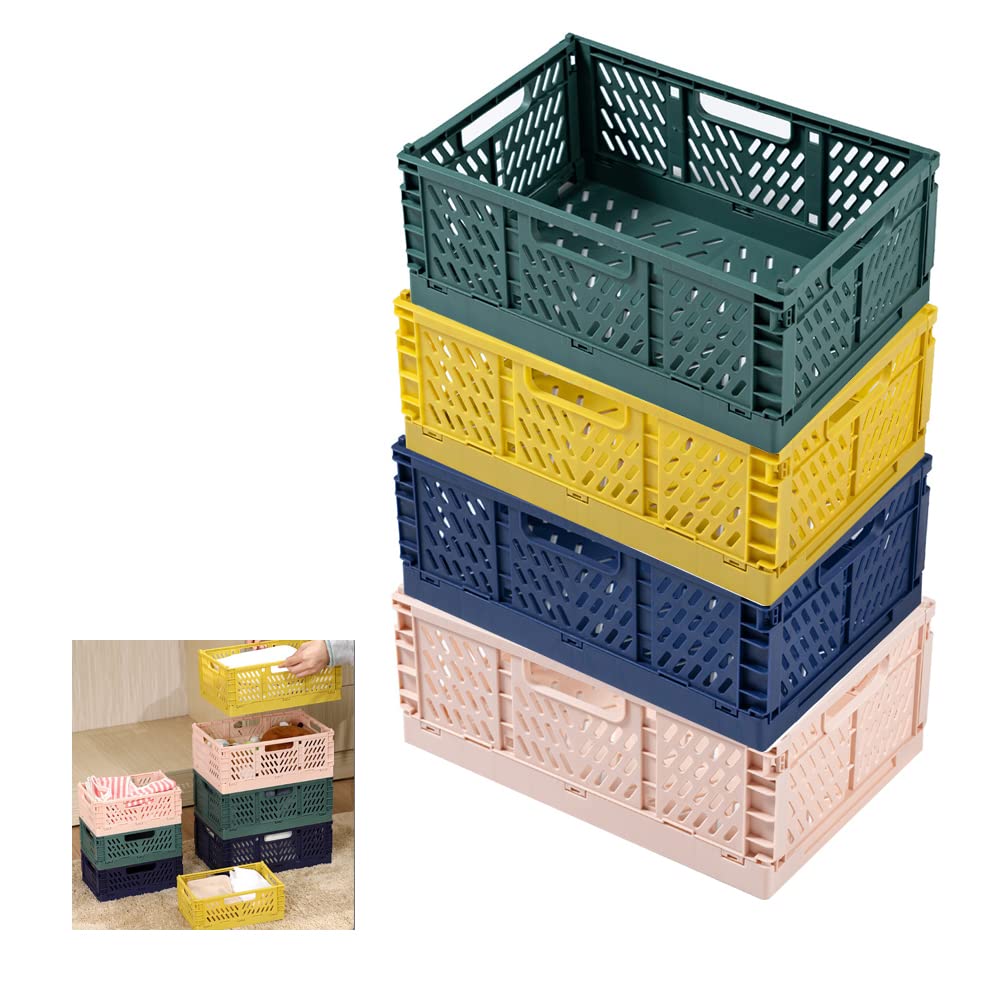 Ygapuzi Plastic Collapsible Crate Folding Storage Basket with Handle for Shelves Home Kitchen Classroom and Office Vanity Bathroom Organization Drawer Clapboard Partition (Multicolor-4pack)