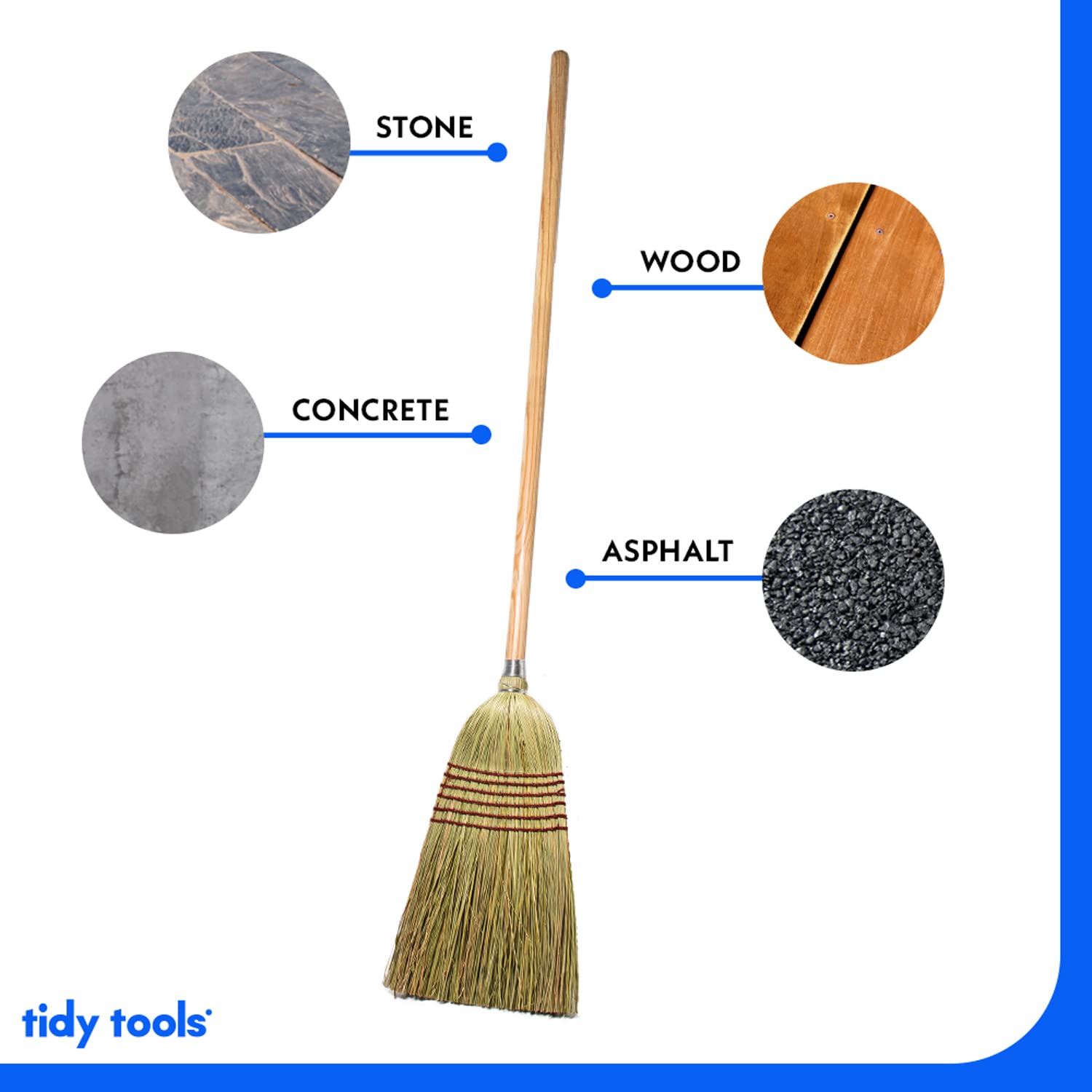 Tidy Tools Corn Broom with Wood Handle Heavy Duty Indoor Outdoor Broom (1 1/4 Inch Handle)