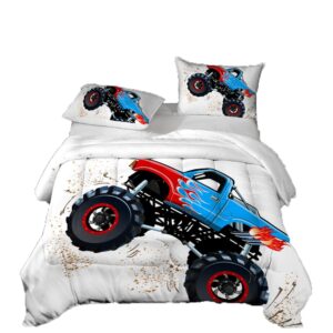 suncloris 3d cartoon monster trucks queen comforter set, blue gallop monster trucks all seasons comforter set for kids teens men bedroom quilt set(queen)