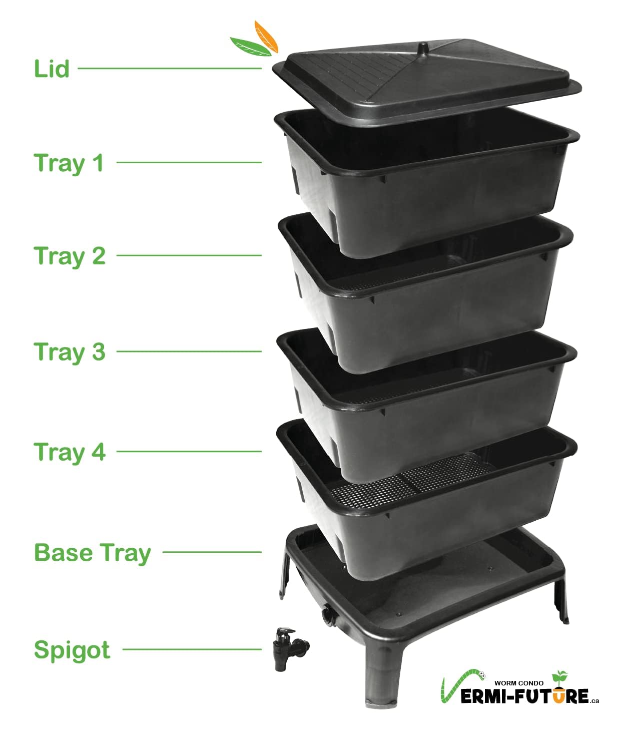 VERMI-FUTURE® Worm Condo Composting Bin, 4 Trays, Black, with Startup Bedding & 3in1 Soil Meter, Ideal for Small Households