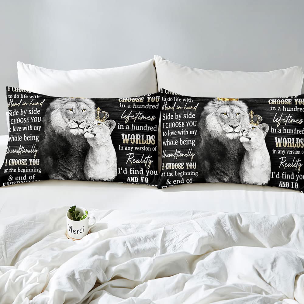 VIVIHOME 3PCS Lion Bedding Set, King Duvet Cover, African Safari Animal Black Bedding, Comforter Cover, Quilt Cover, Bedroom Decor for Couples, Romantic Lion Couple Gifts, I Choose You, 2 Pillowcases