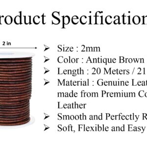 GENIQUE Real/Genuine Round Leather Cord for Jewelry Making, Leather String Cord for Crafting, Necklace, Bracelets, Braiding, Wraps (2mm, Antique Brown Distressed)