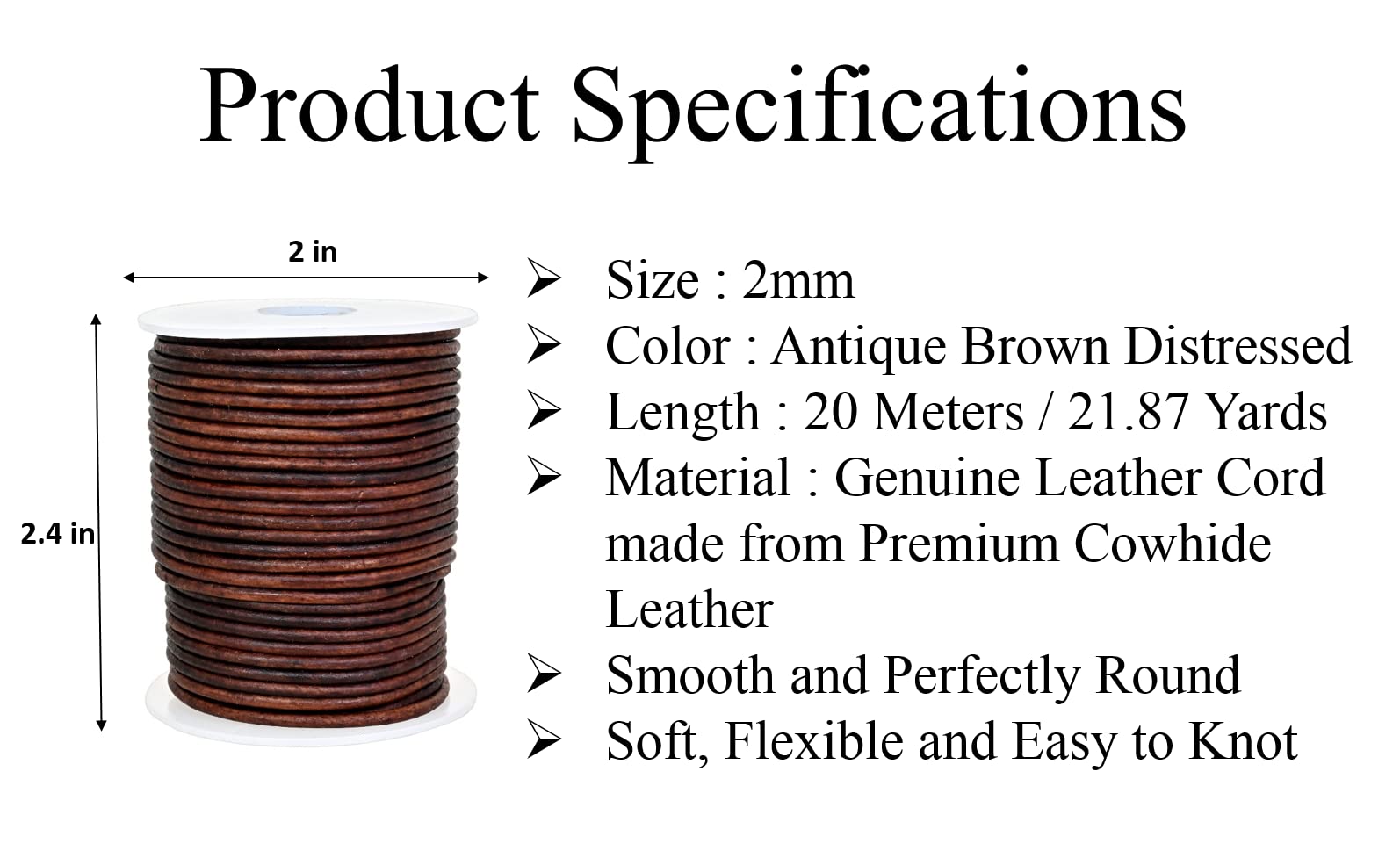 GENIQUE Real/Genuine Round Leather Cord for Jewelry Making, Leather String Cord for Crafting, Necklace, Bracelets, Braiding, Wraps (2mm, Antique Brown Distressed)