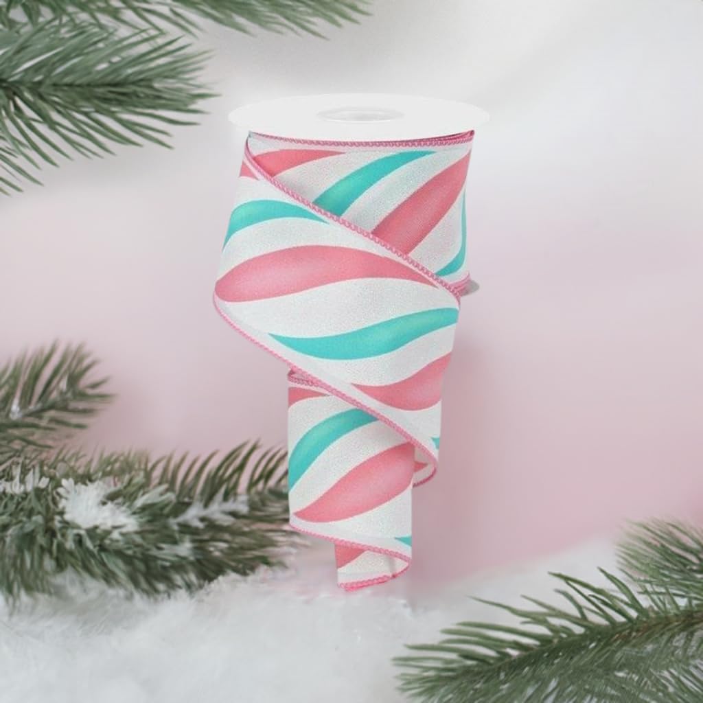 Craig Bachman Pink, White and Ice Blue Swirl Candy Stripe Wired Edge Ribbon 2.5" x10 Yards - Holiday Decorating Gingerbread Christmas Crafting Ribbon