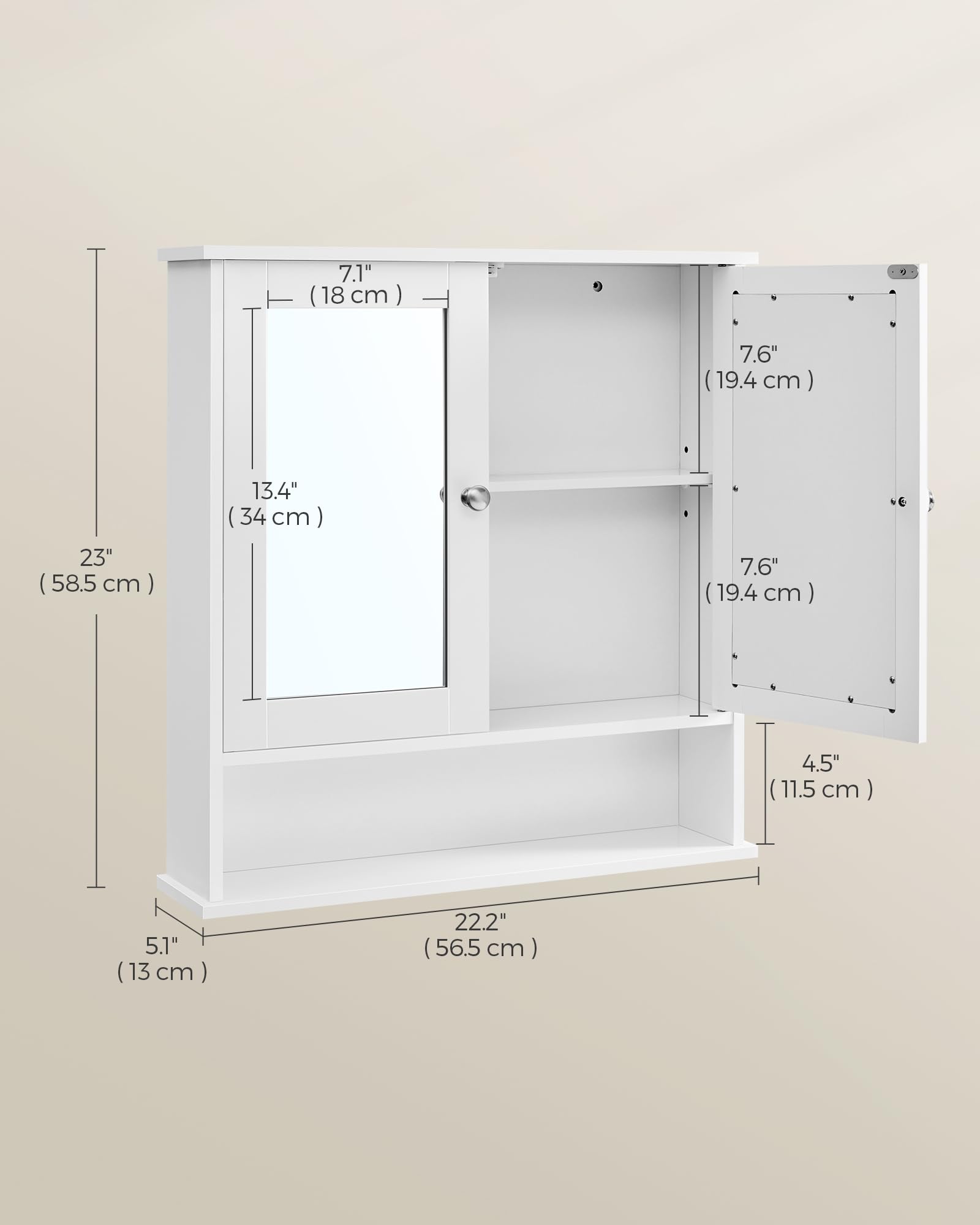 VASAGLE Bathroom Cabinet with Mirror, Wall Cabinet with 2 Mirrored Doors, Adjustable Shelf, Open Compartment, Wall-Mounted, 5.1 x 22.2 x 23 Inches, White ULHC002