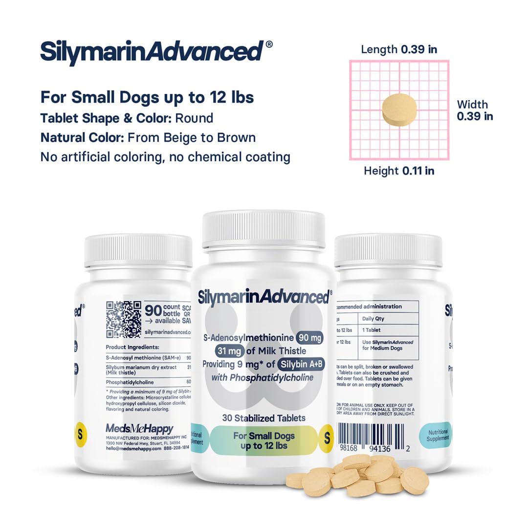 SilymarinAdvanced Liver Health Supplement for Small Dogs, S-Adenosylmethionine (Same) and Silybin, Liver Tablets, Cognitive Support, 30 Tablets