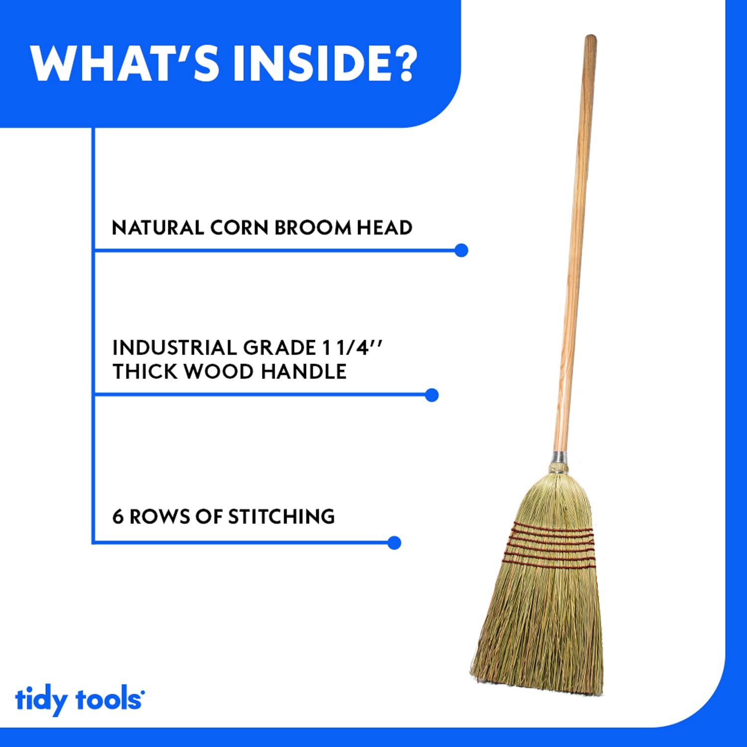 Tidy Tools Corn Broom with Wood Handle Heavy Duty Indoor Outdoor Broom (1 1/4 Inch Handle)